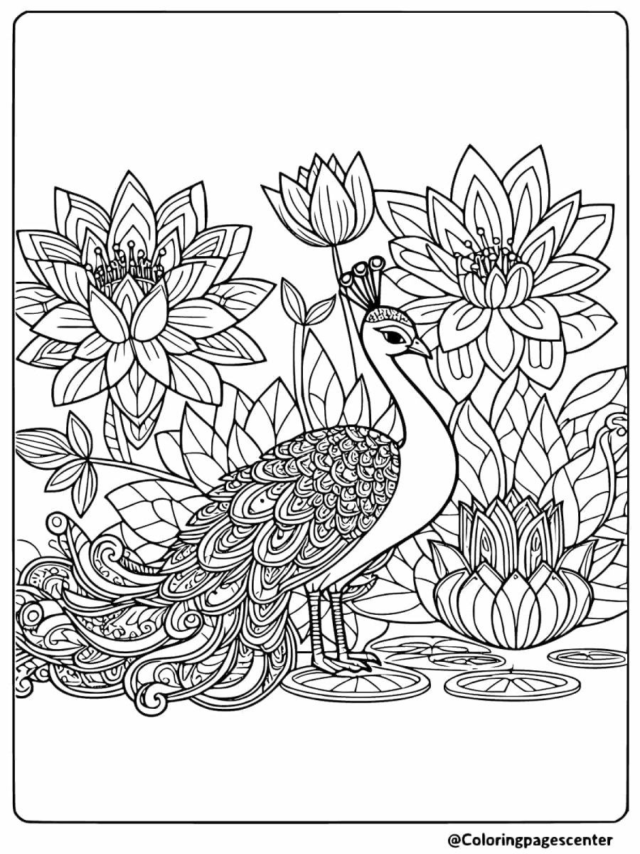 Peacock with lotus flowers coloring page