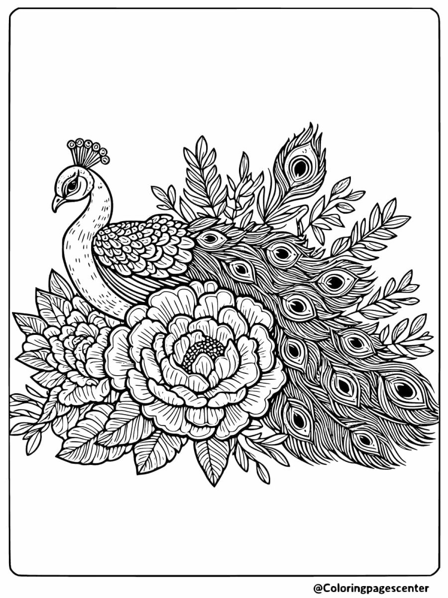 Peacock with roses and detailed feathers coloring page