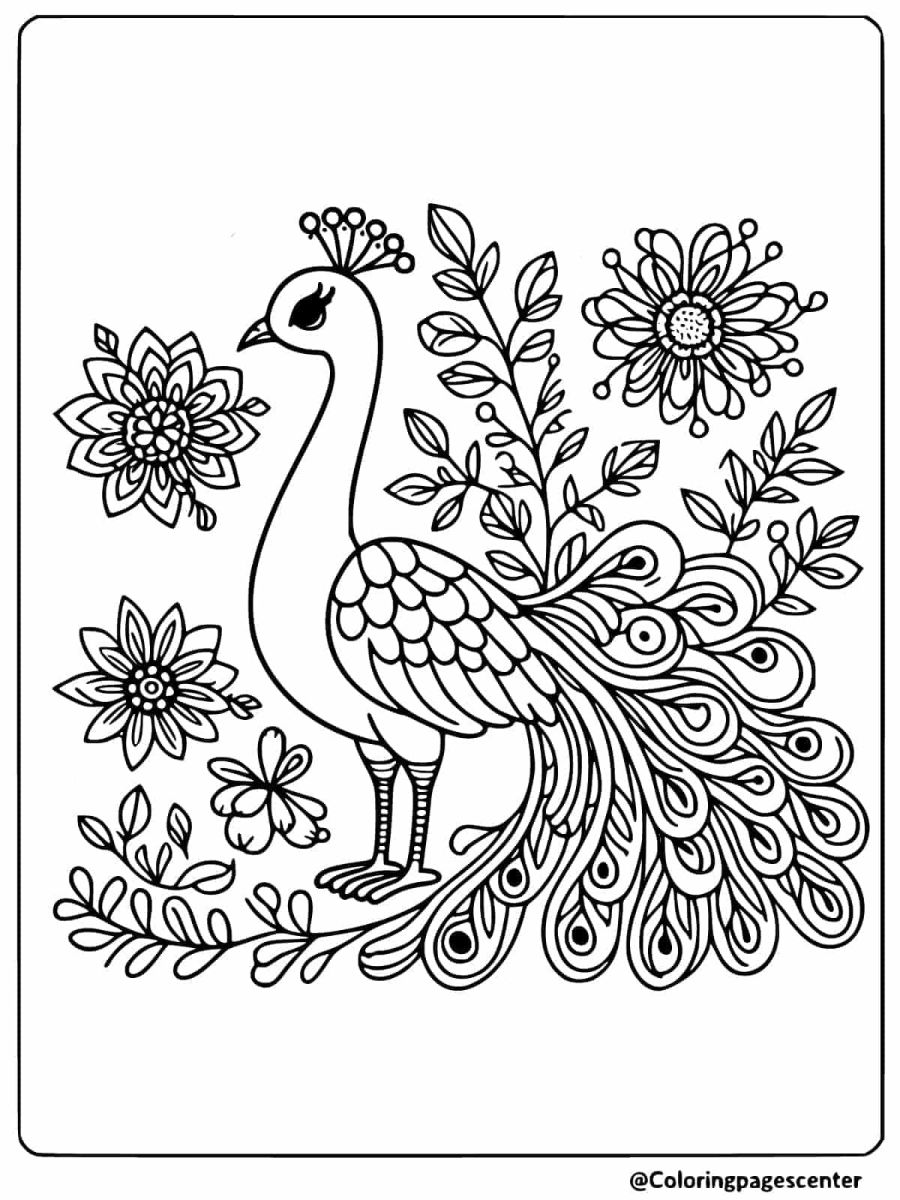 Simple peacock surrounded by flowers coloring page