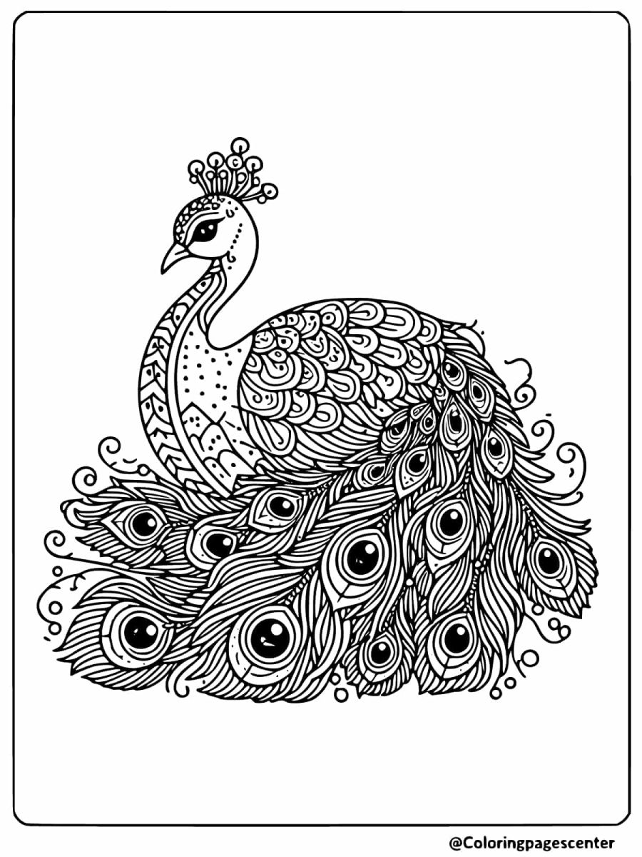 Sitting peacock with spread tail feathers coloring page