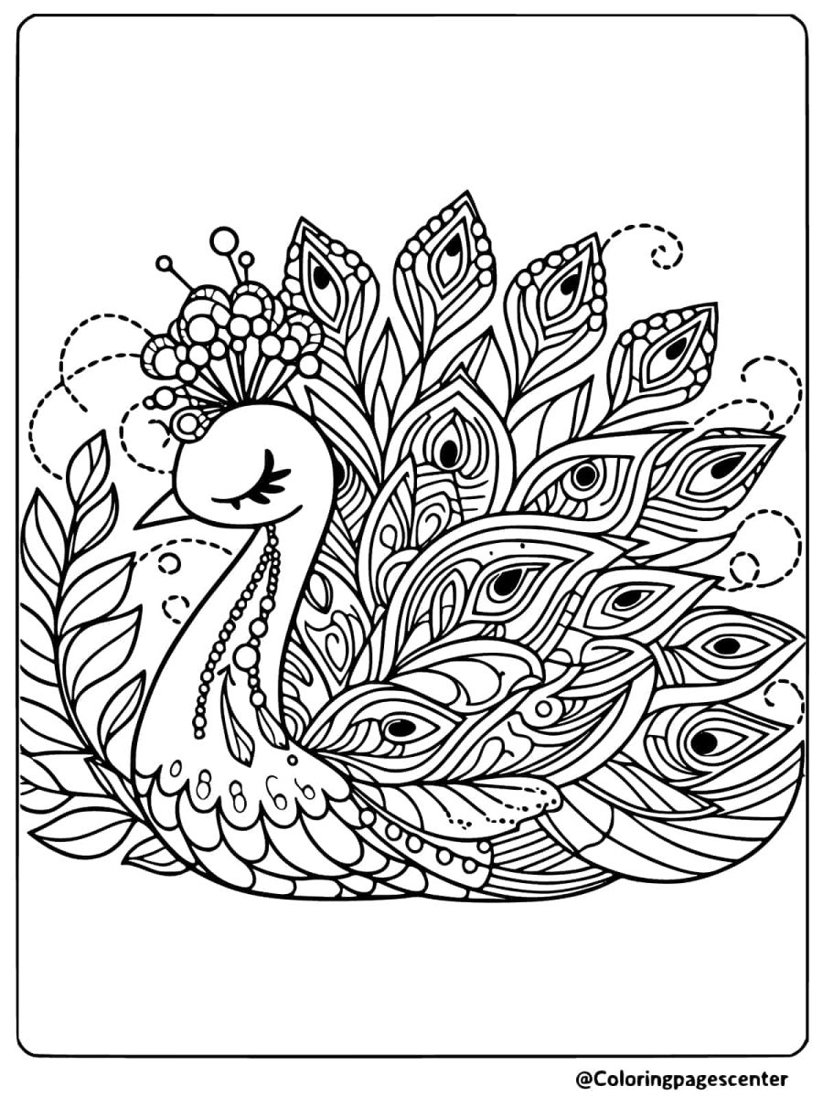 Sleeping peacock with feathers coloring page