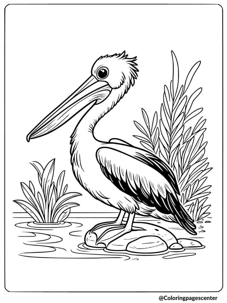 A pelican standing on a rock coloring page