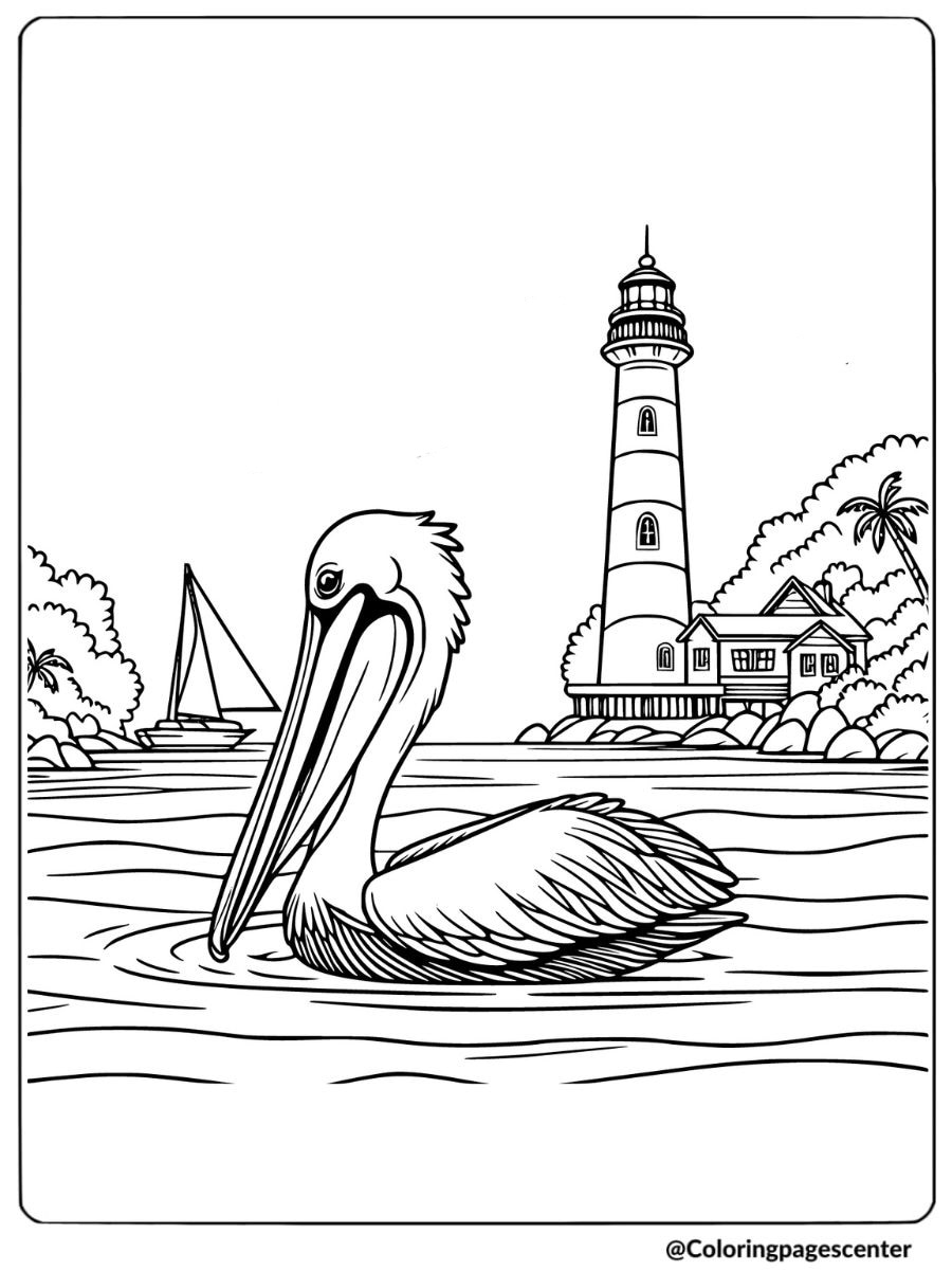 A pelican swimming near a lighthouse coloring page