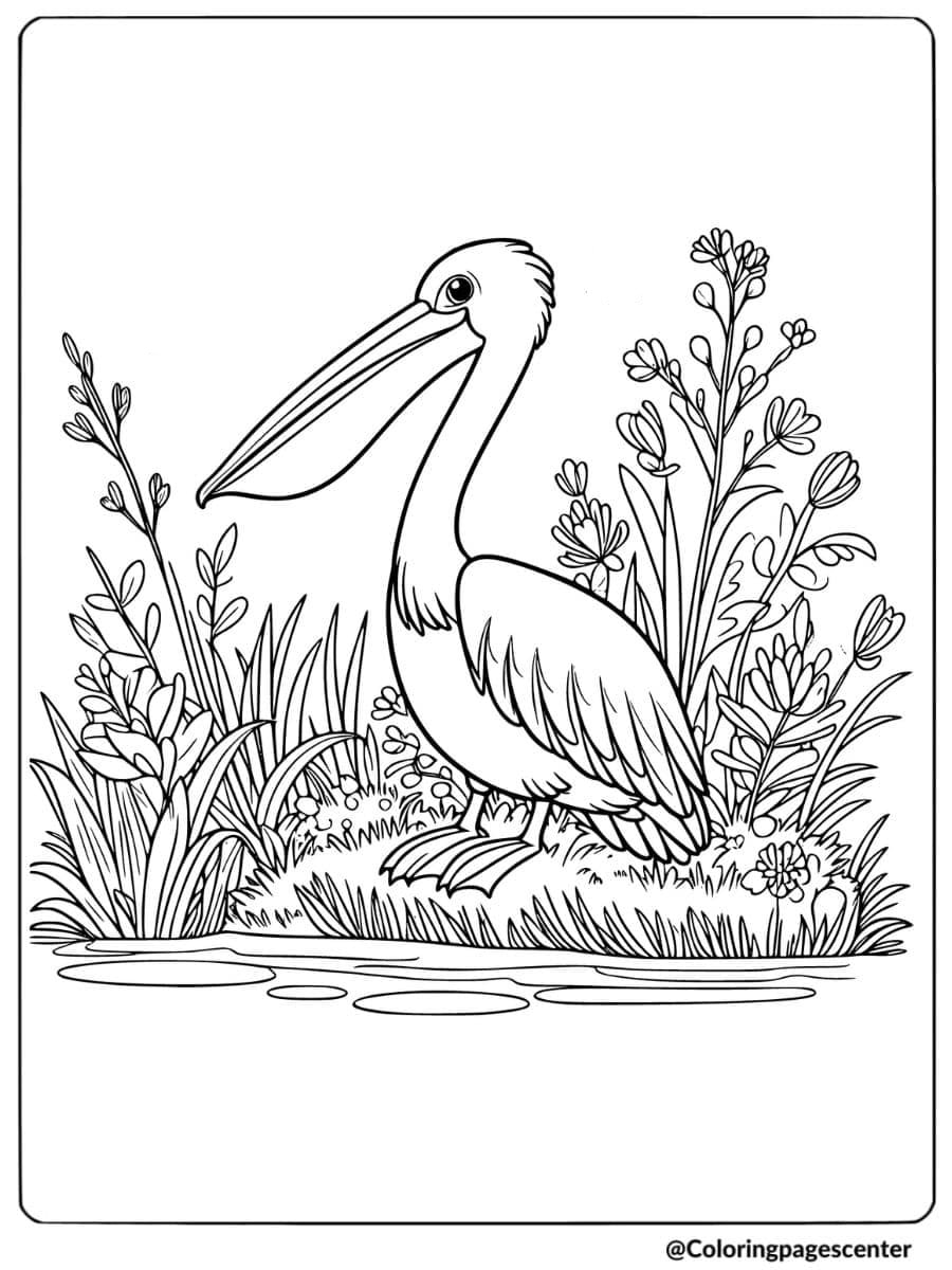 A pelican standing by marsh plants coloring page