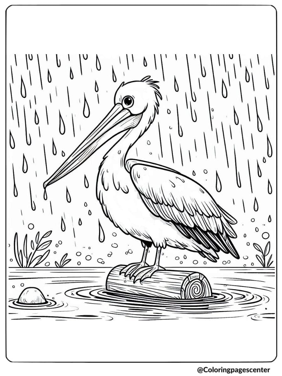 A pelican standing on a log in the rain coloring page