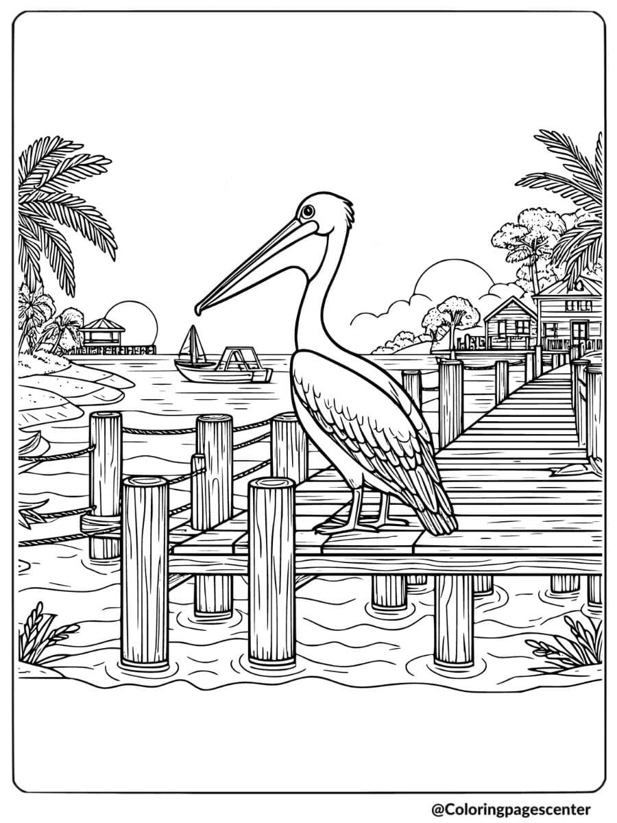 A pelican standing on a dock by the sea coloring page