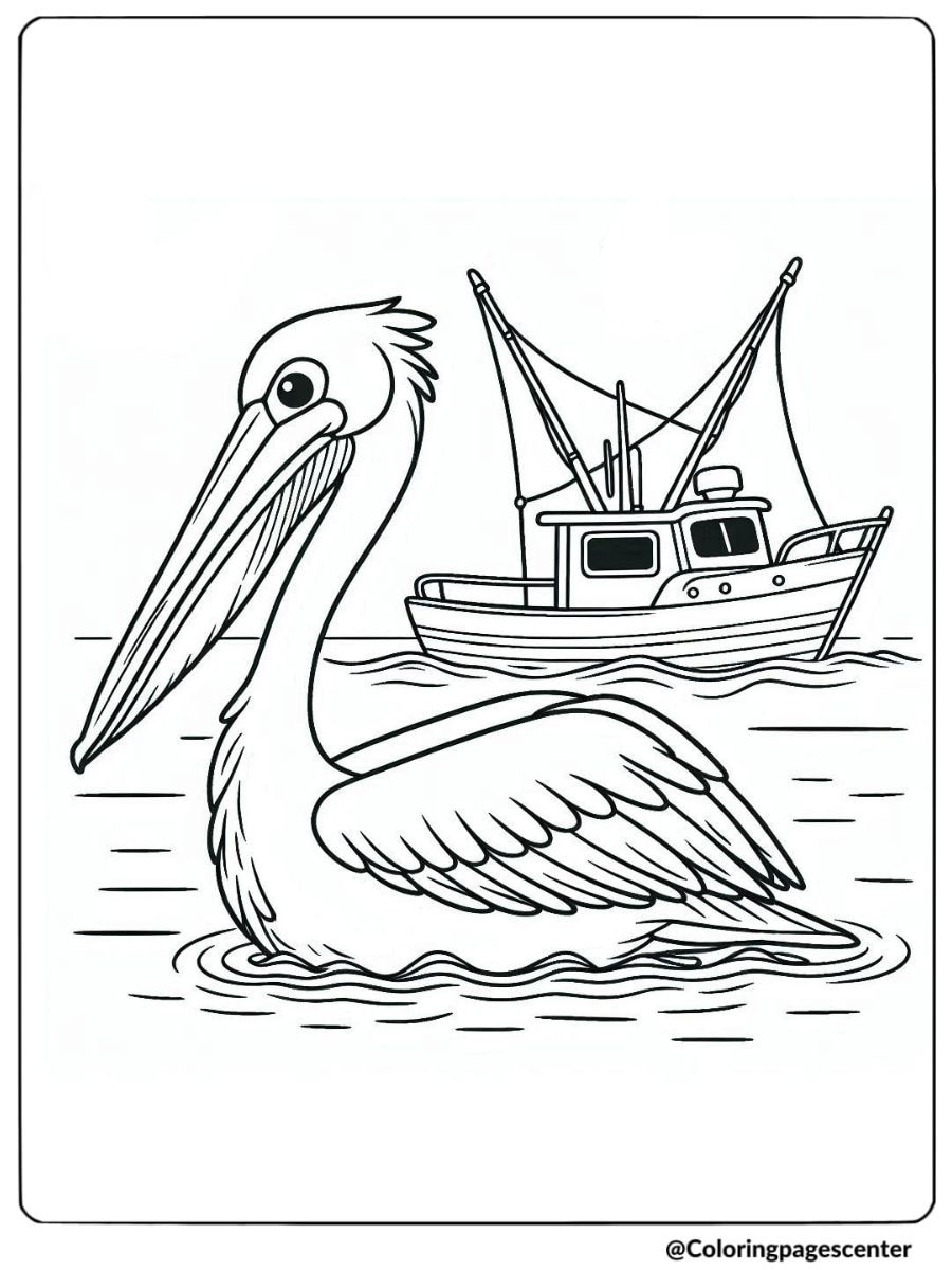 A pelican in water with a fishing boat coloring page