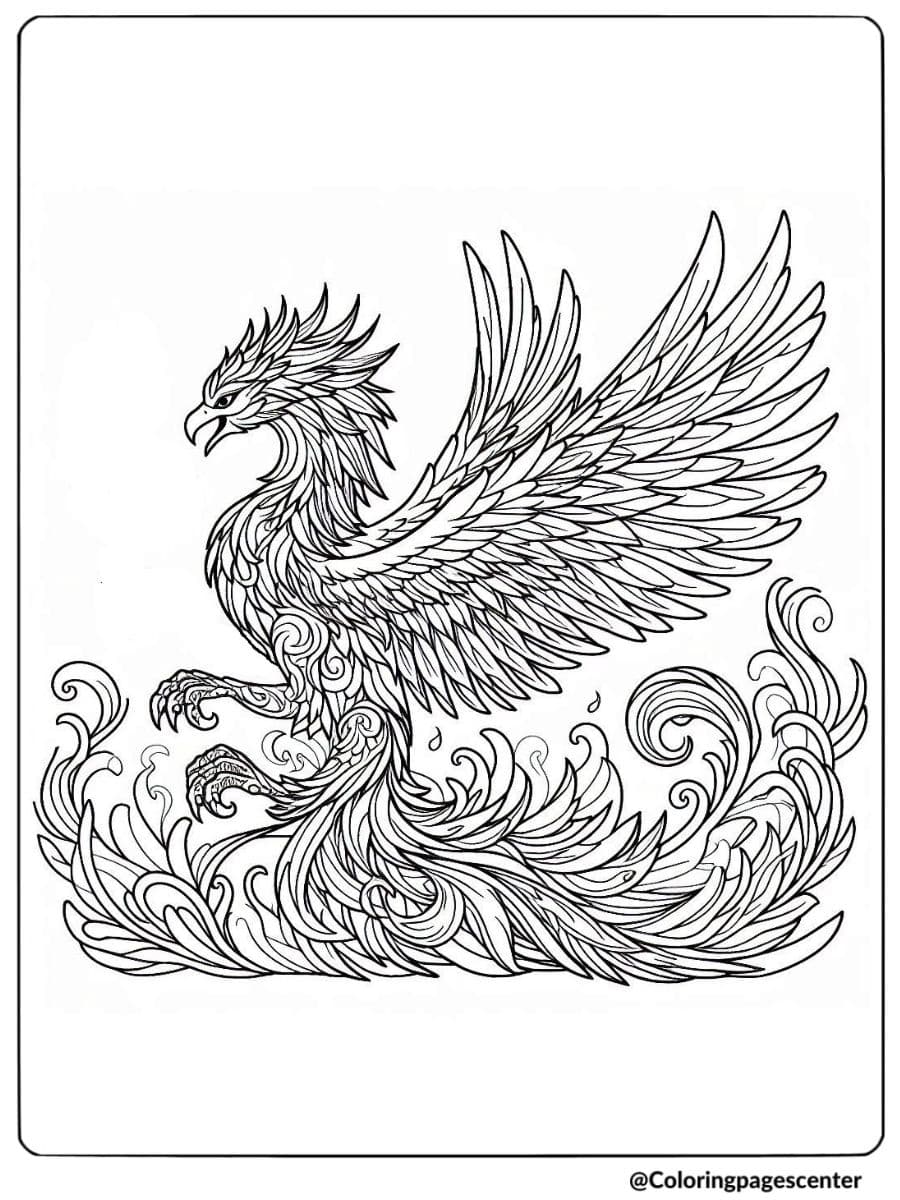 Phoenix with flames and intricate details coloring page