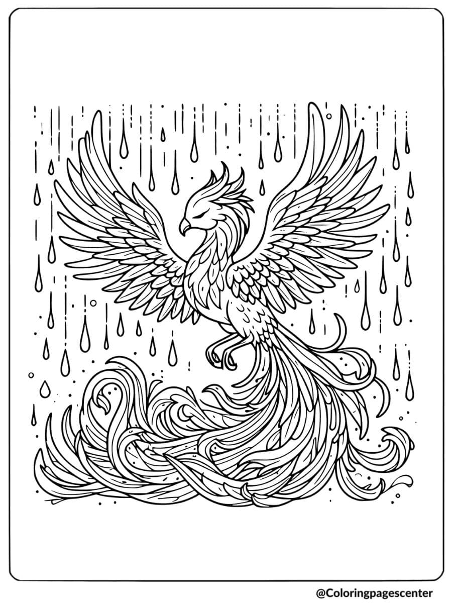 Phoenix in the rain with detailed feathers coloring page