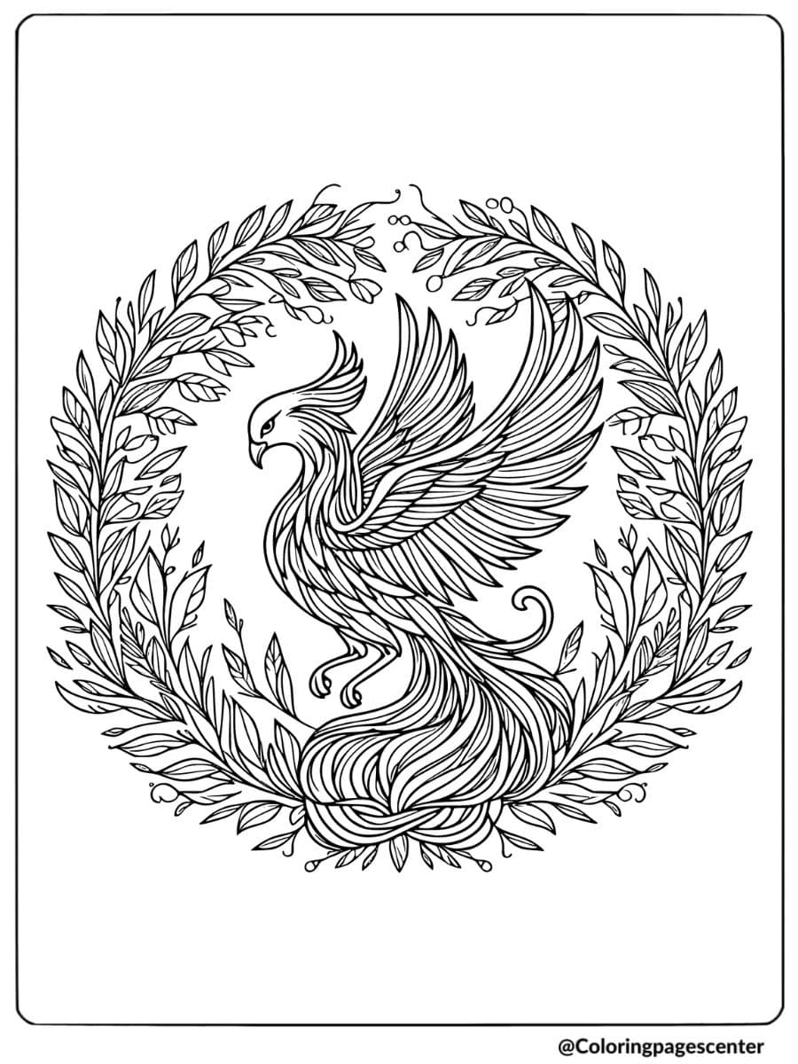 Phoenix inside a wreath of leaves coloring page