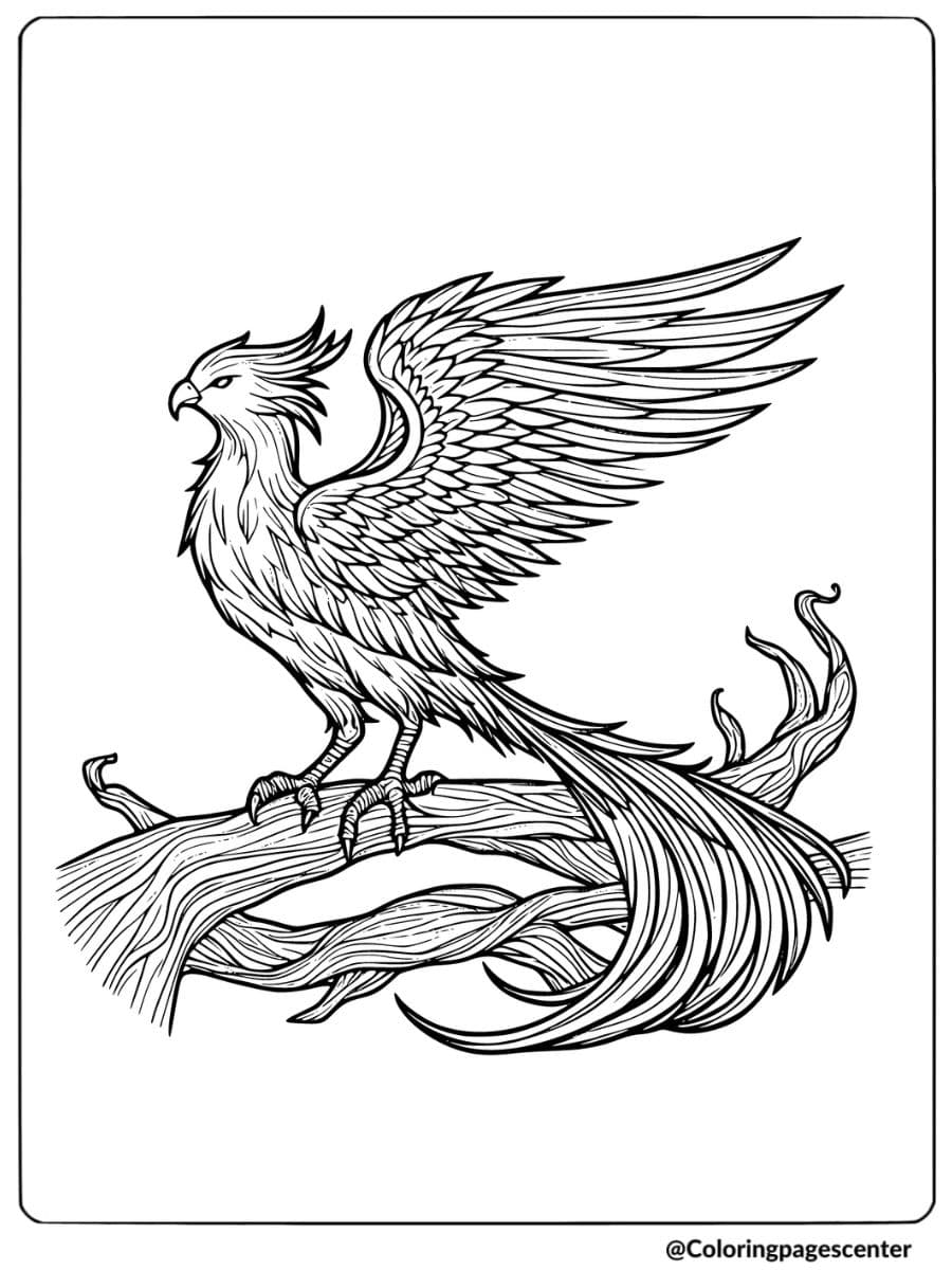 Phoenix standing on a branch with wings spread coloring page