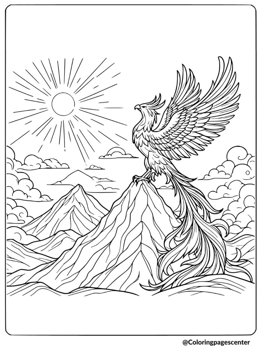 Phoenix standing on mountain under the sun coloring page