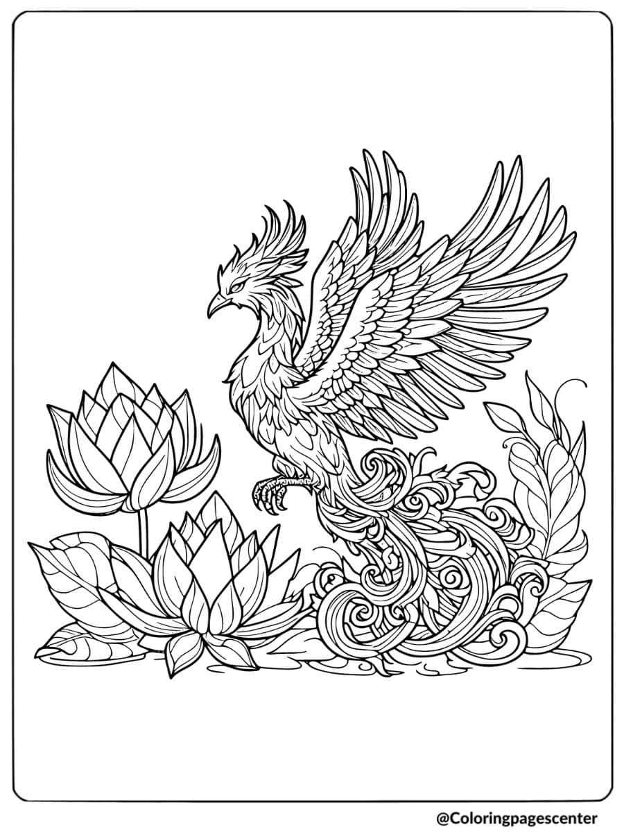 Phoenix and lotus flowers illustration coloring page