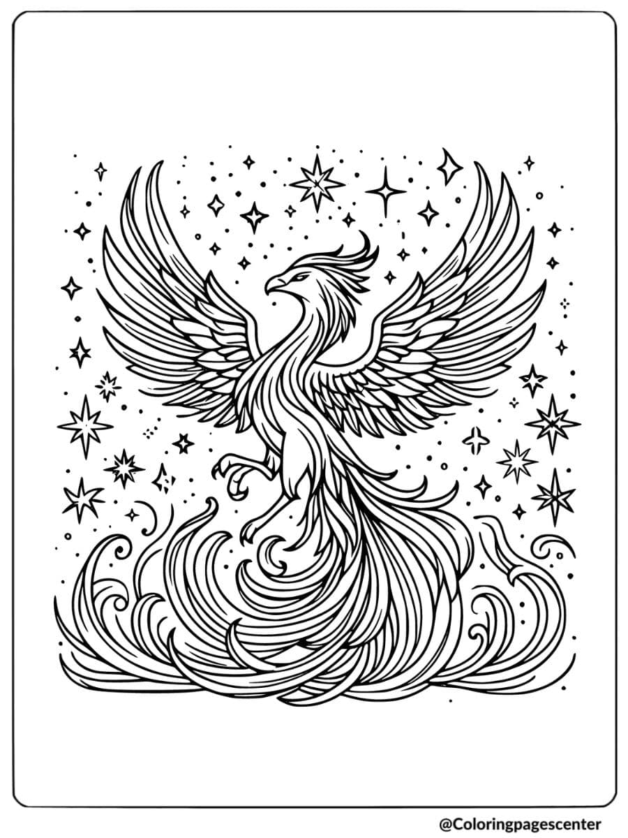 Phoenix among stars and swirls coloring page