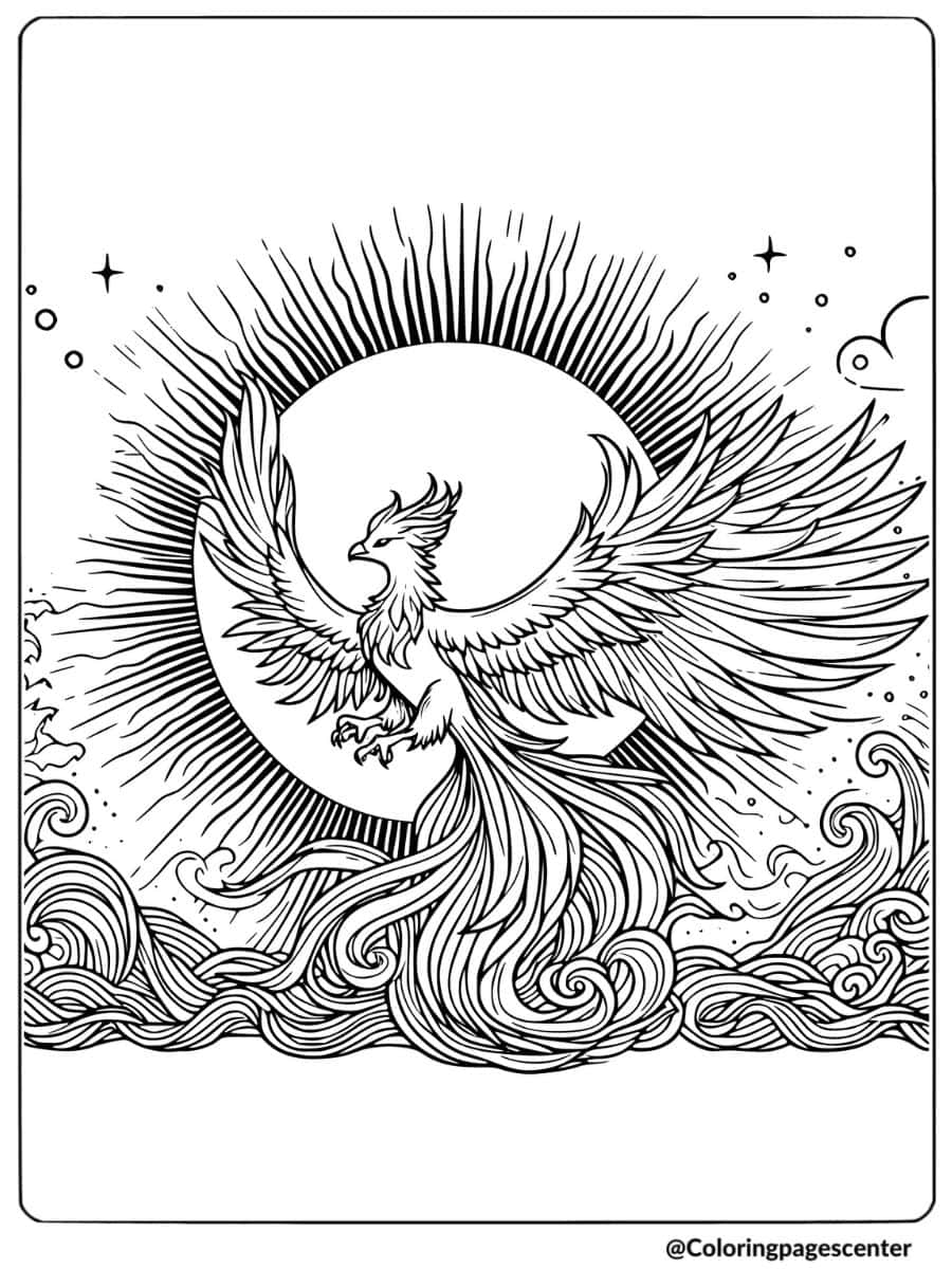 Phoenix rising with sunburst in the background coloring page