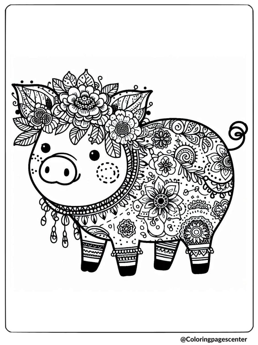 Decorative pig with flowers and jewelry coloring page for adults