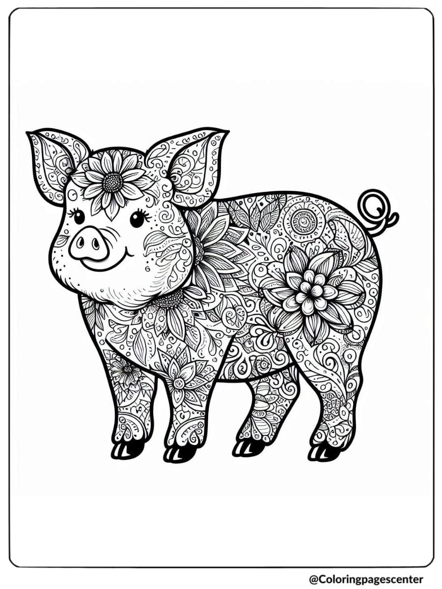 Cute pig filled with floral zentangle patterns coloring page for adults