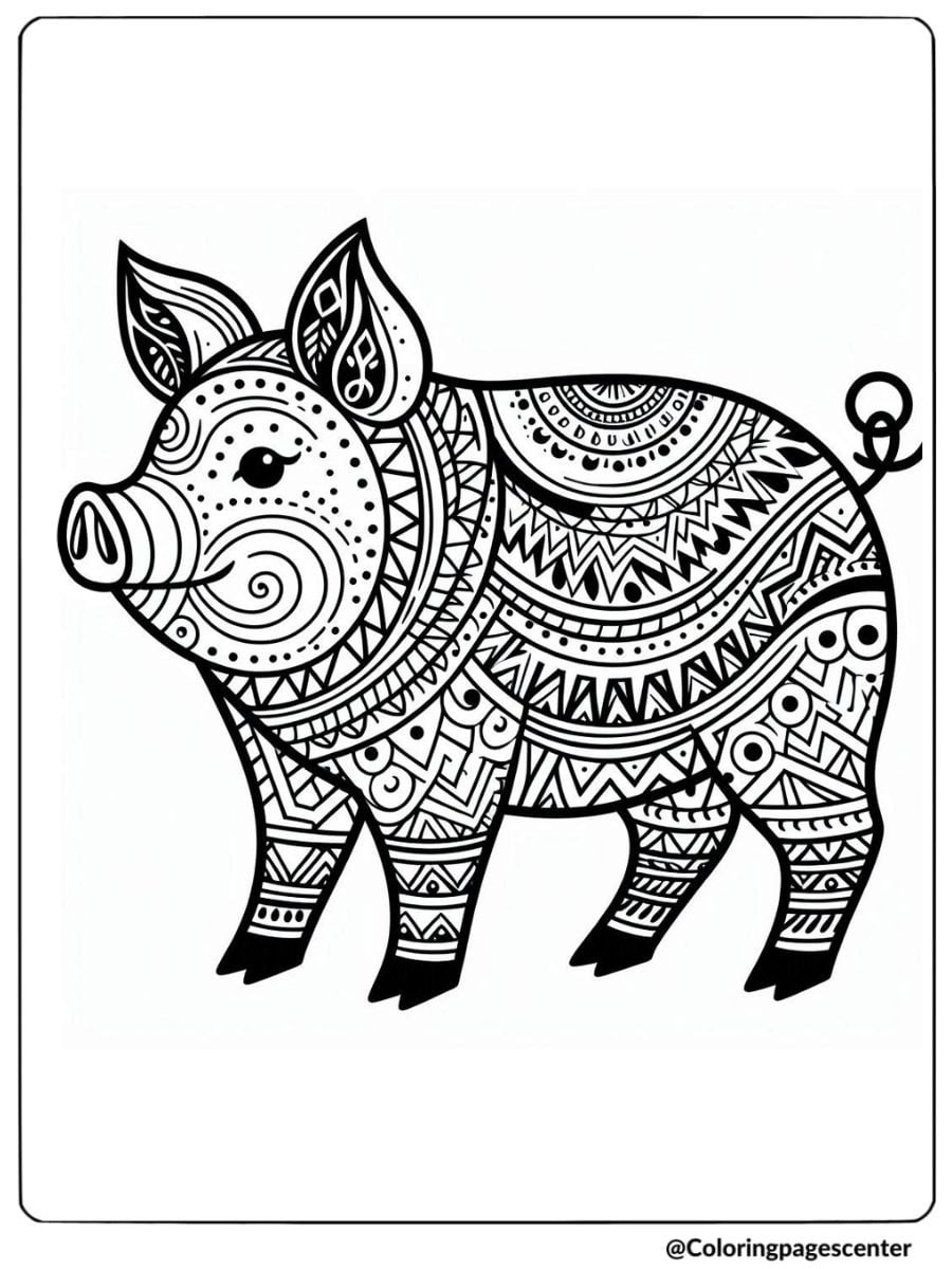 Intricate geometric zentangle pig coloring page for adults