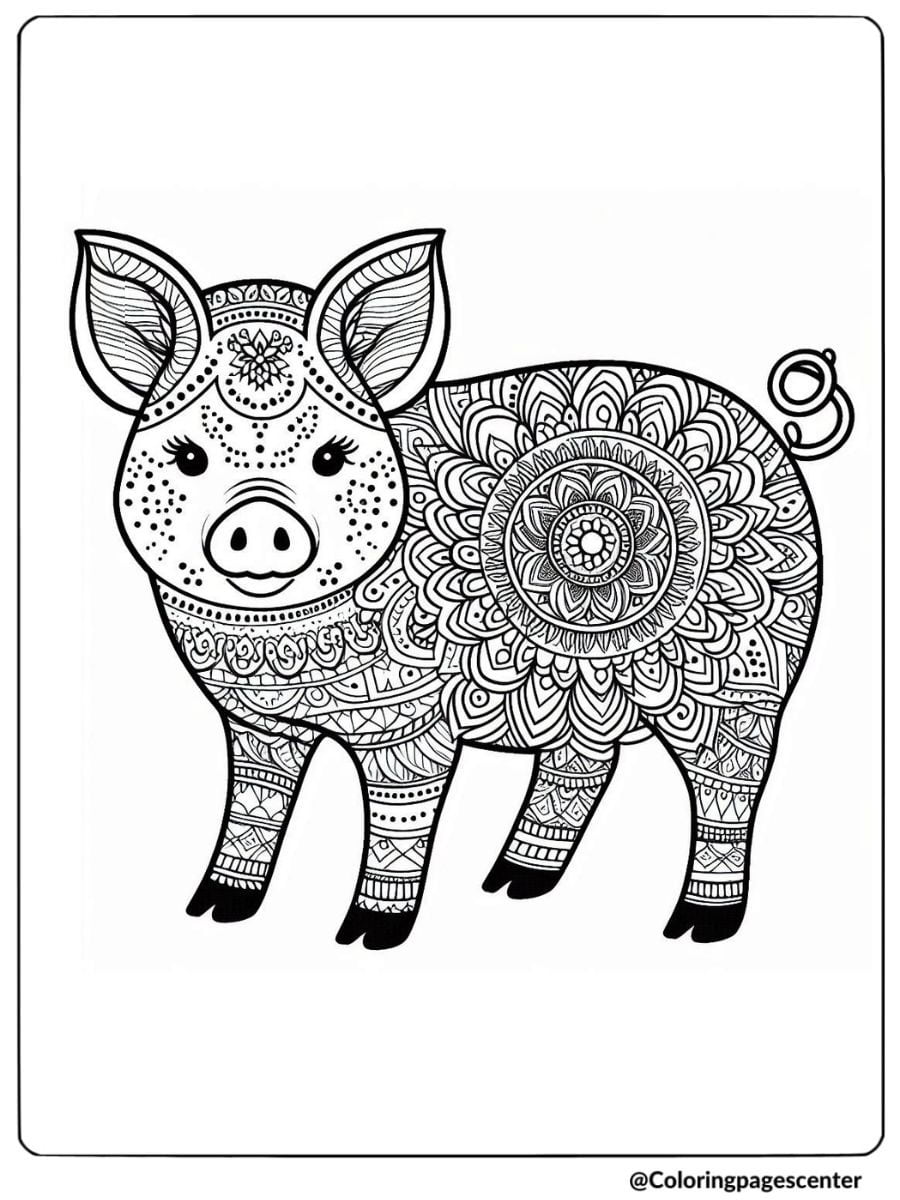 Mandala pig coloring page featuring floral patterns for adults