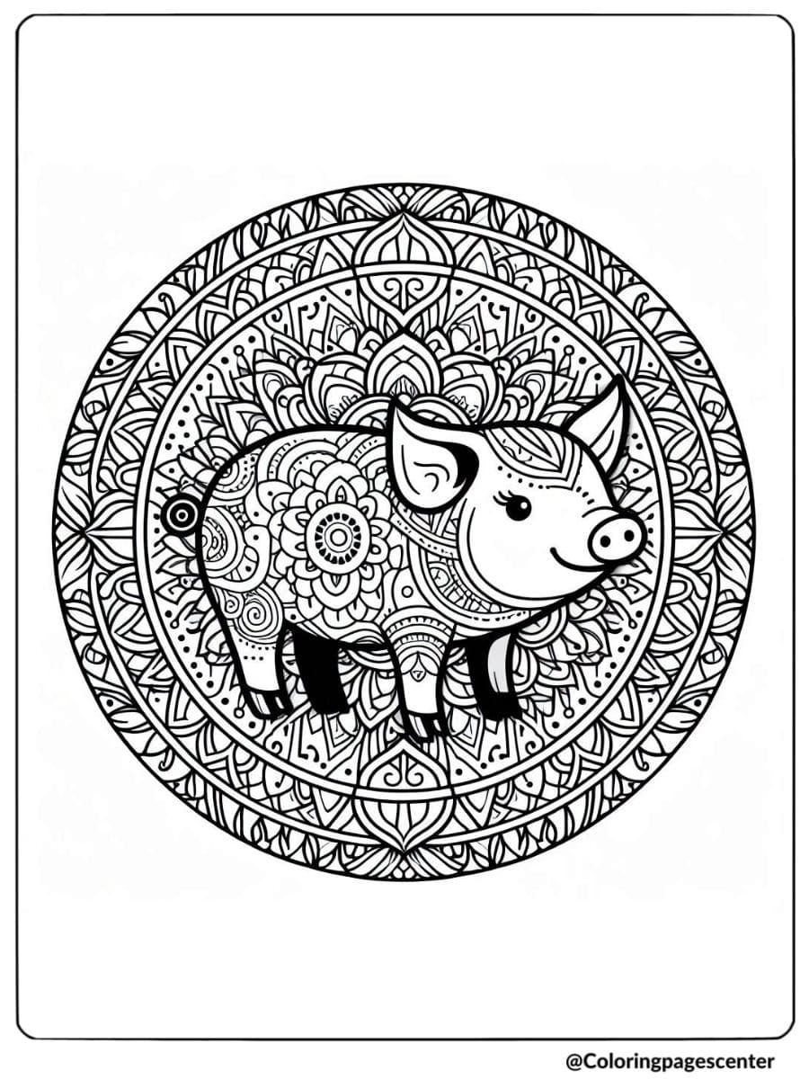 Mandala circle with a decorative pig coloring page for adults