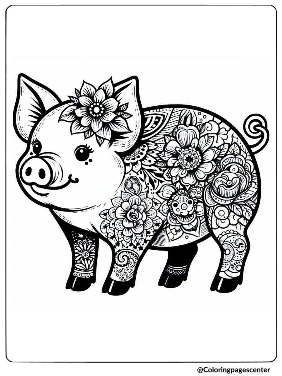 Detailed floral pig mandala coloring page for adults