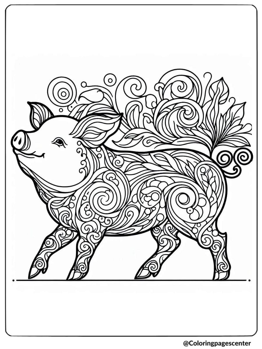 A swirling patterned pig coloring page for adults