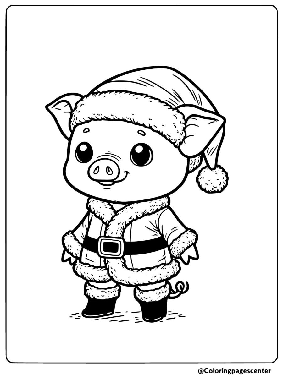 A pig dressed in a Santa outfit coloring page