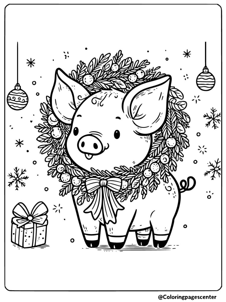 A pig decorated with a holiday wreath coloring page