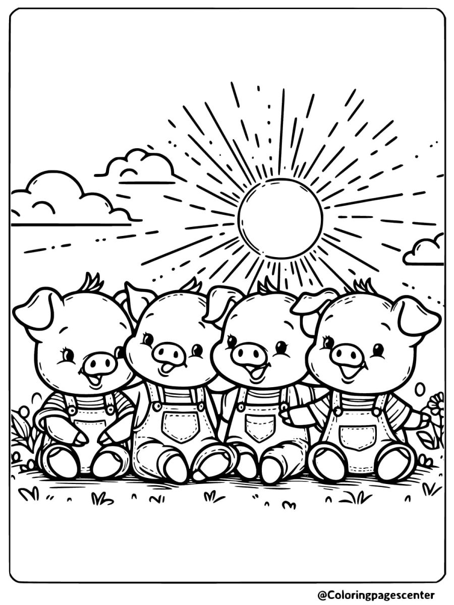 Four pigs sitting together under the sun coloring page