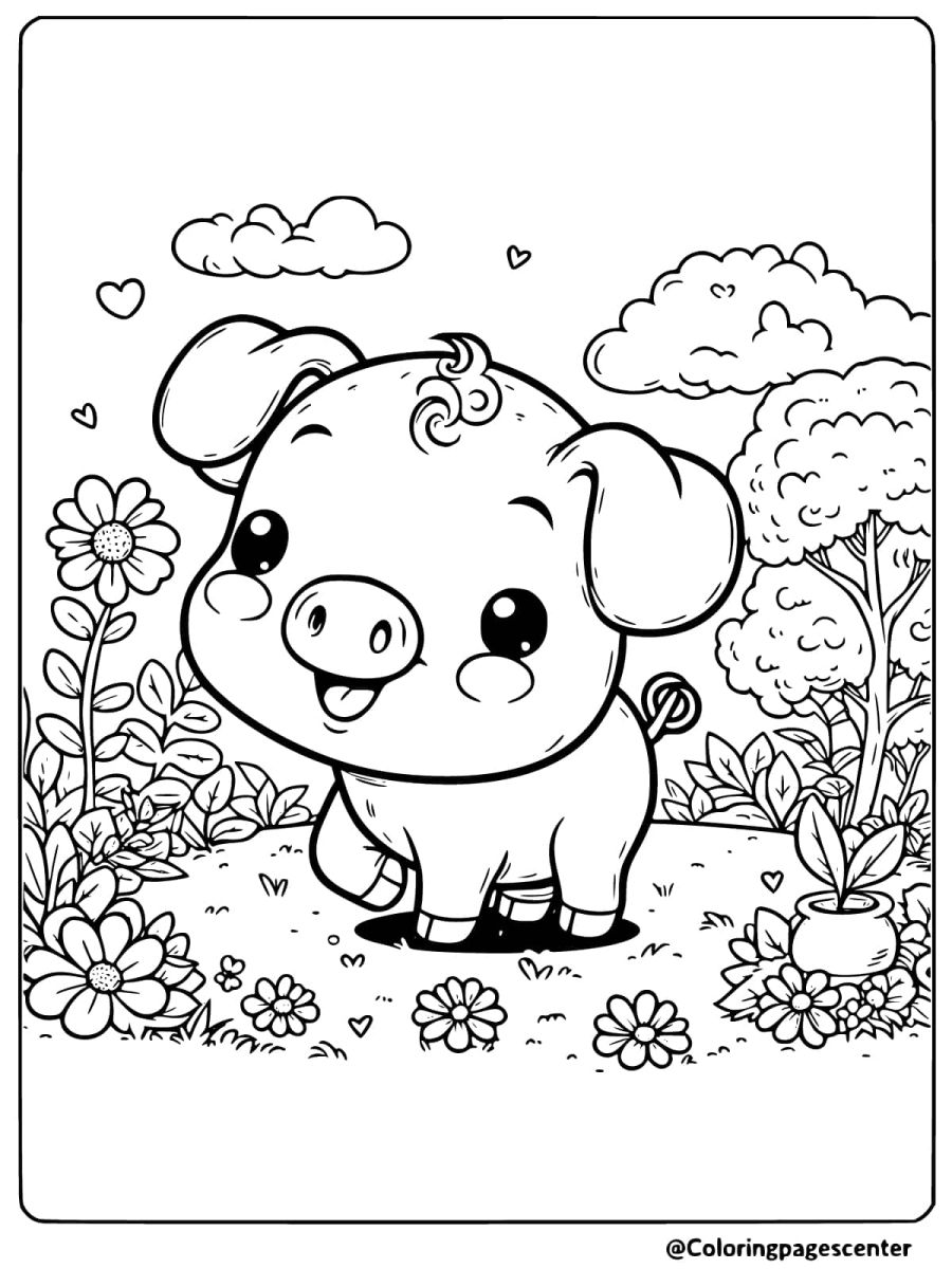 A cheerful pig surrounded by flowers coloring page