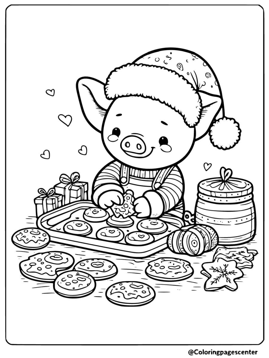 A pig baking cookies for Christmas coloring page