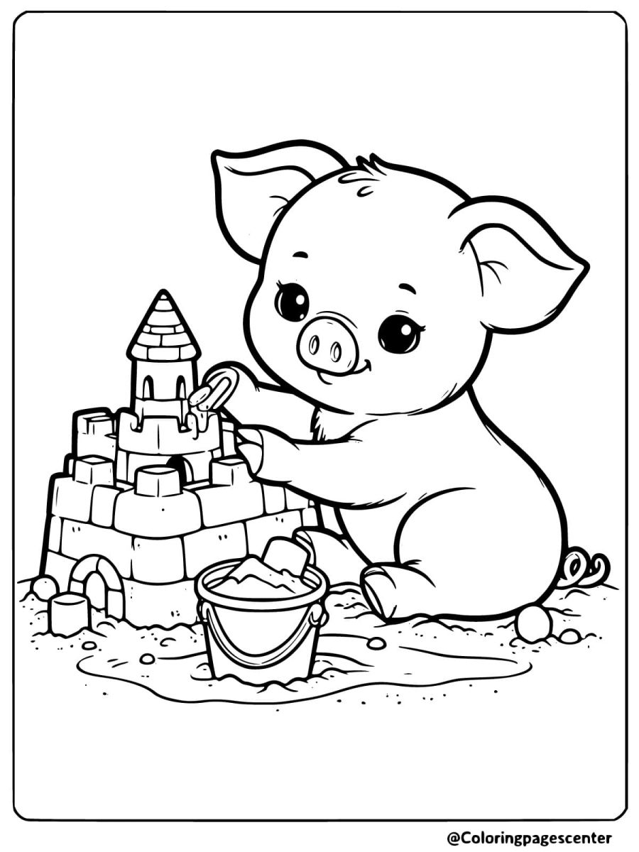 A pig building a sandcastle on the beach coloring page