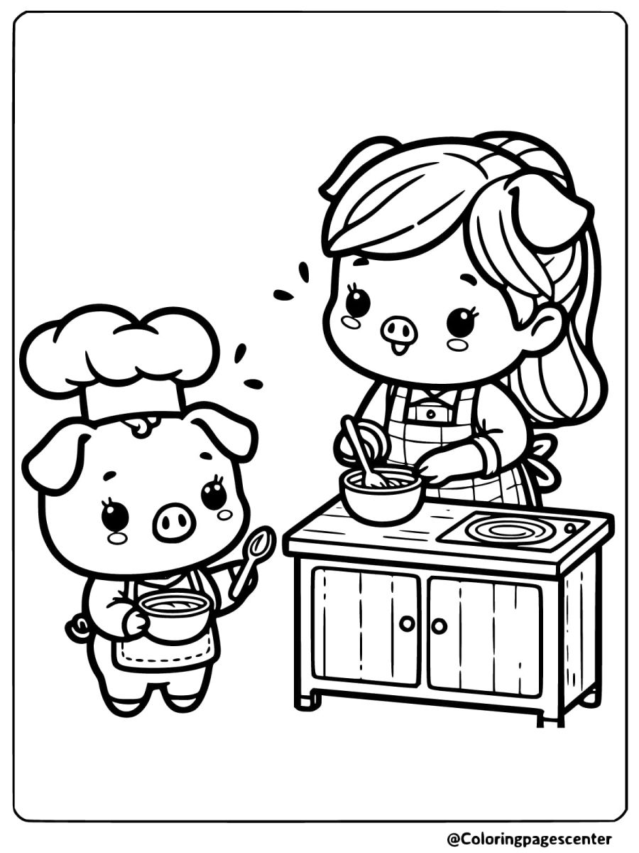 A pig and friend cooking together coloring page