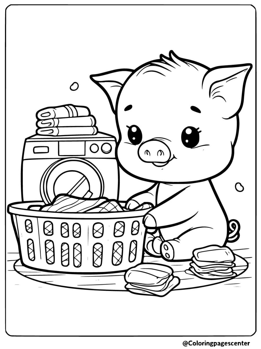 A pig folding laundry near a washing machine coloring page