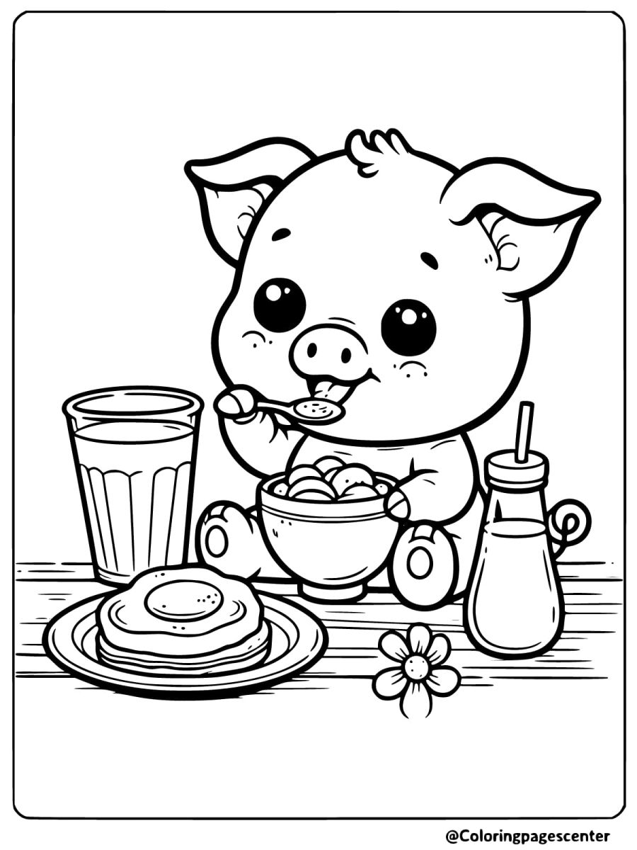 A pig eating breakfast with a smile coloring page