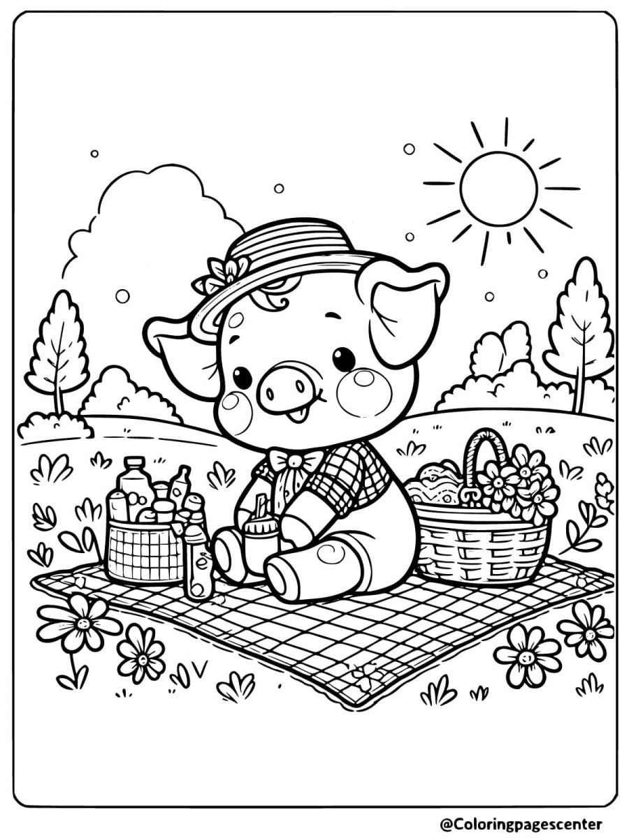 A pig enjoying a picnic in the sun coloring page