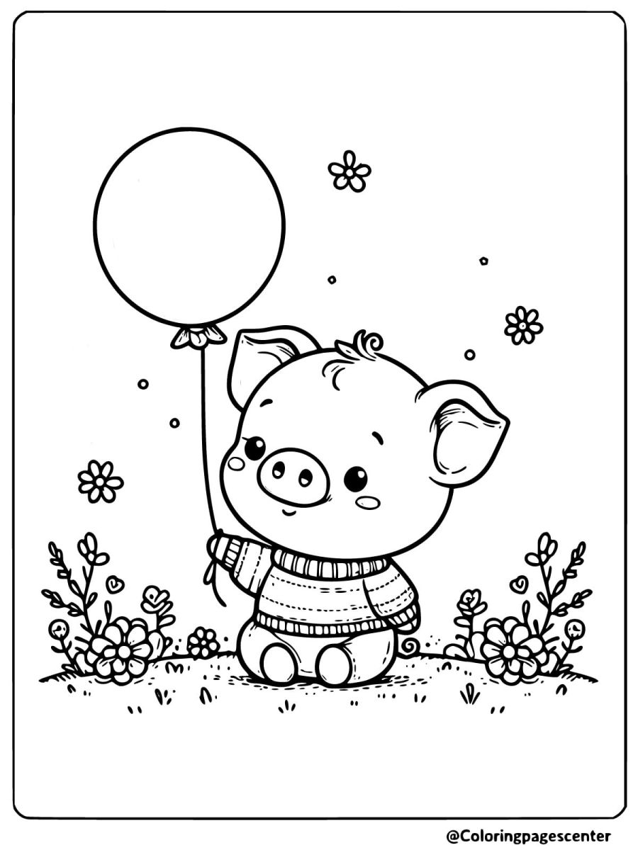 A cute pig holding a balloon in a garden coloring page