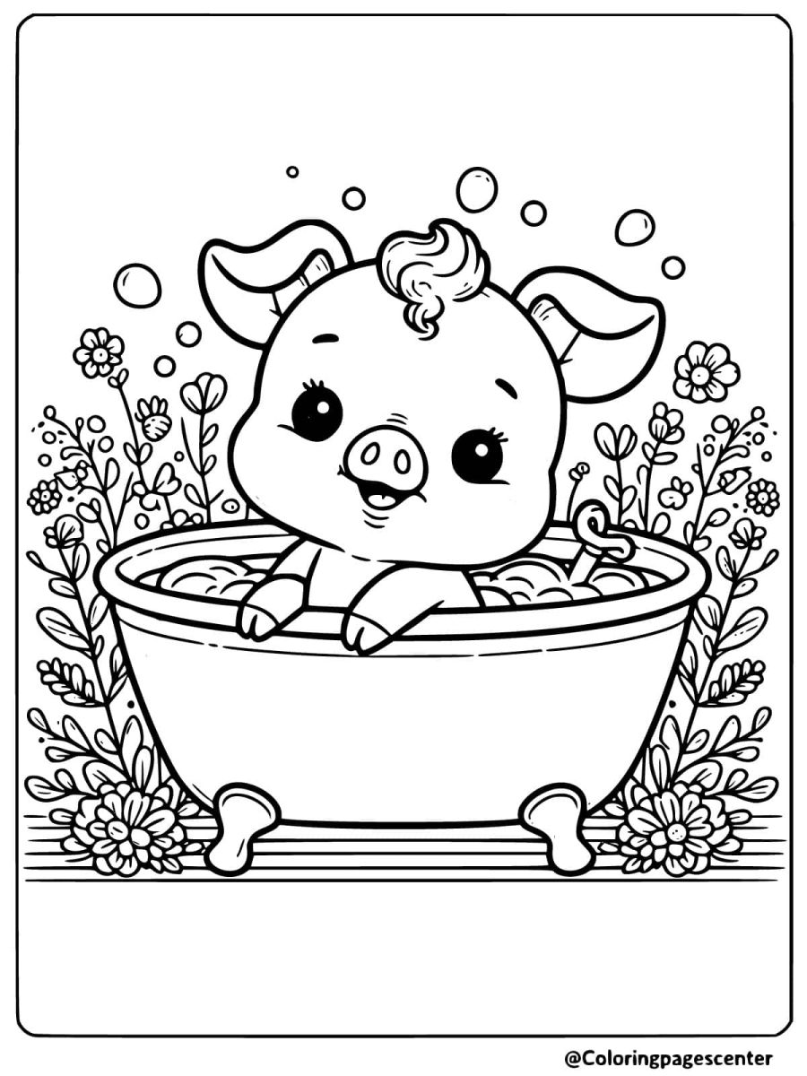 A pig enjoying a bubble bath with flowers coloring page