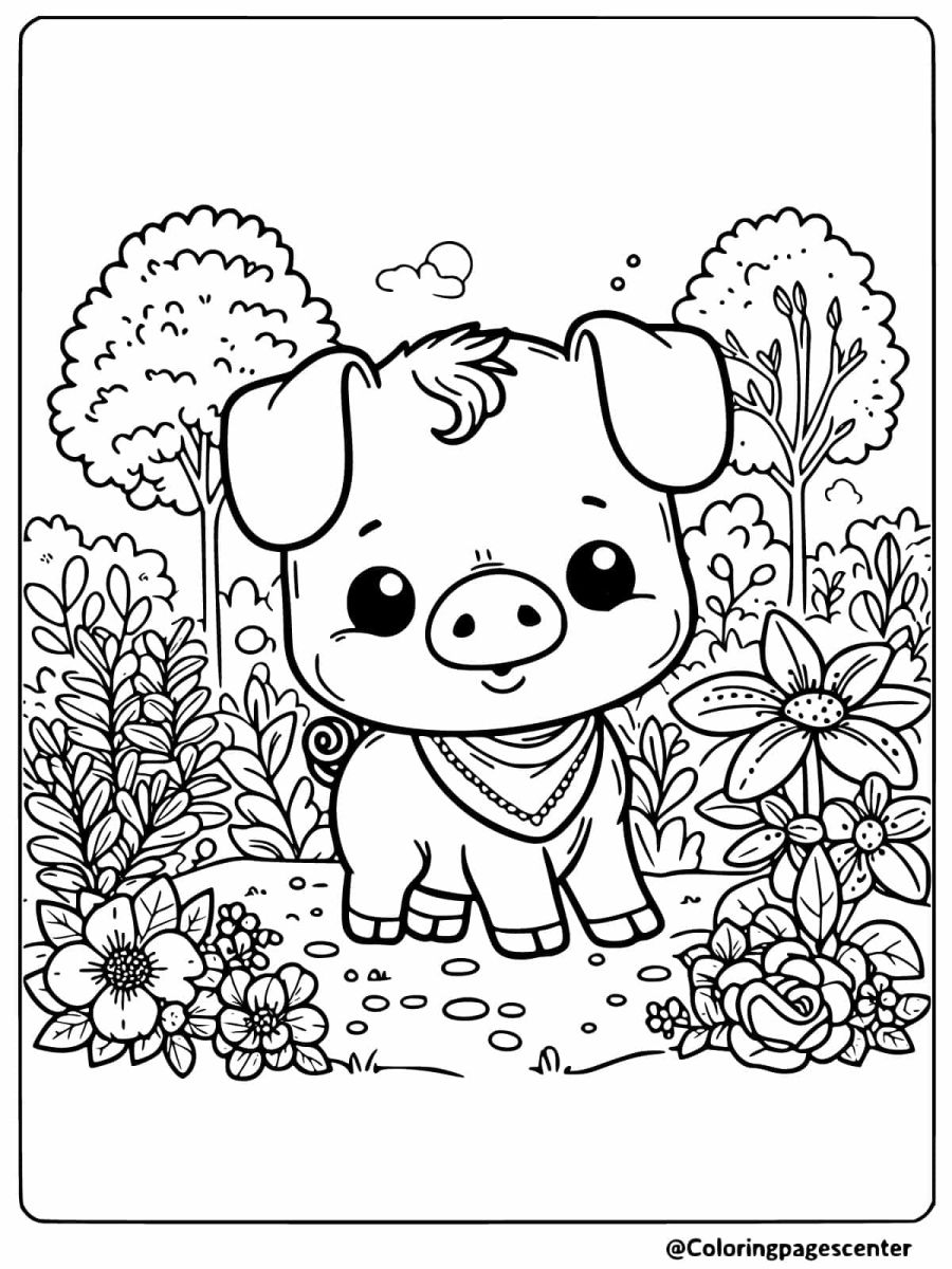 A pig standing in a garden full of flowers coloring page