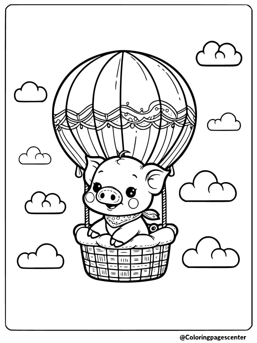 A pig flying in a hot air balloon coloring page