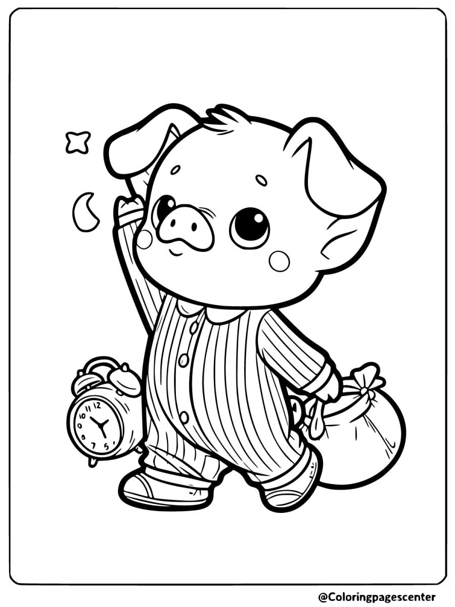 A pig wearing pajamas holding a clock coloring page