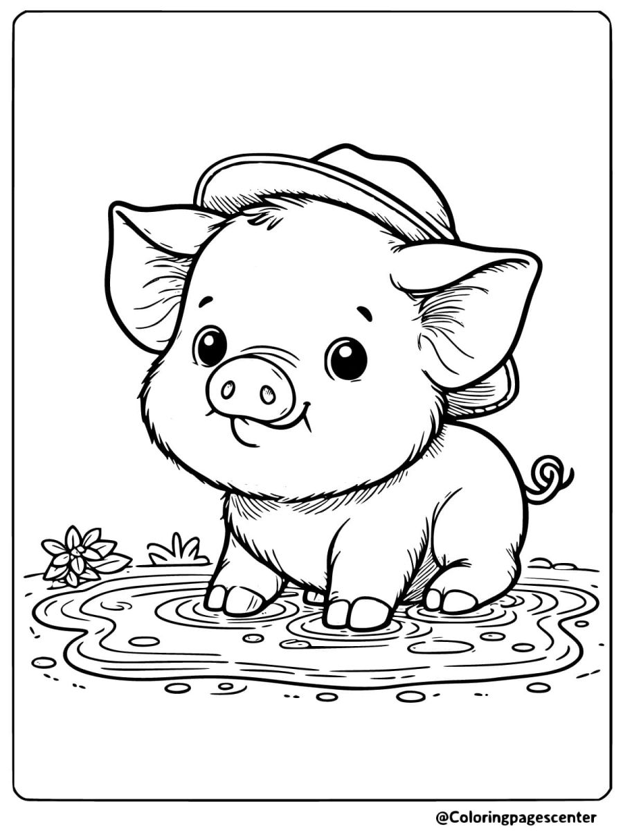 A pig splashing in a puddle wearing a hat coloring page