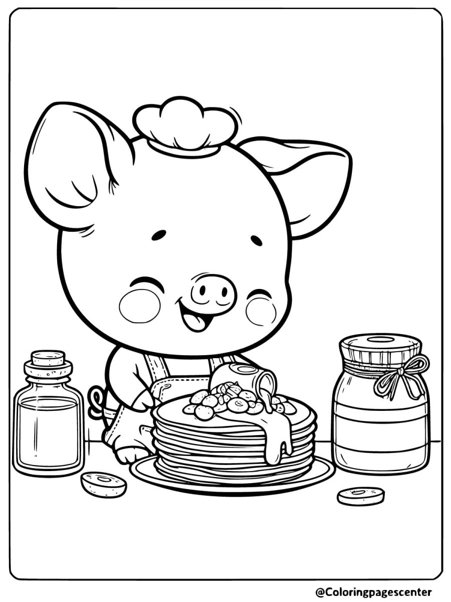 A pig making a stack of pancakes coloring page