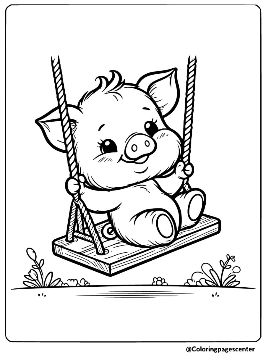 A pig sitting on a swing smiling coloring page