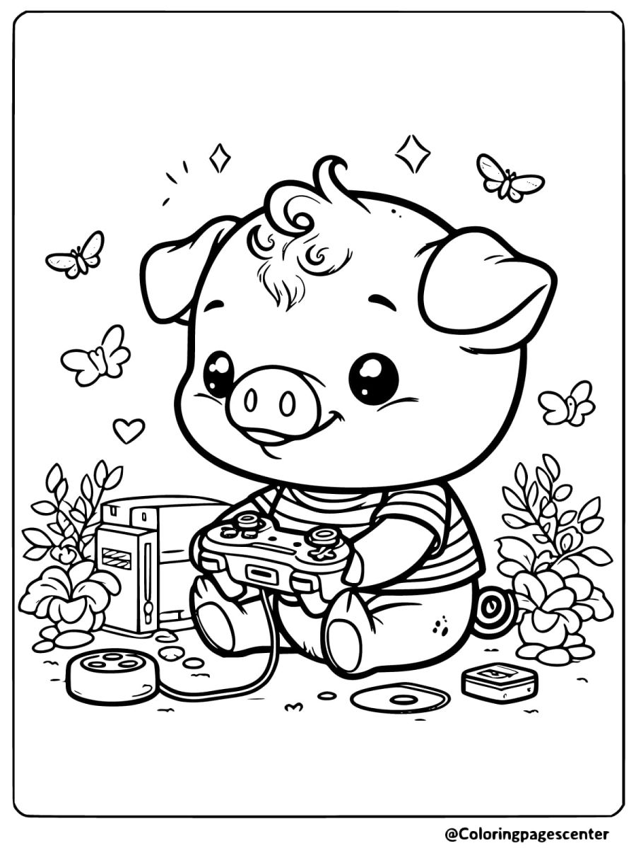 A pig playing video games surrounded by butterflies coloring page