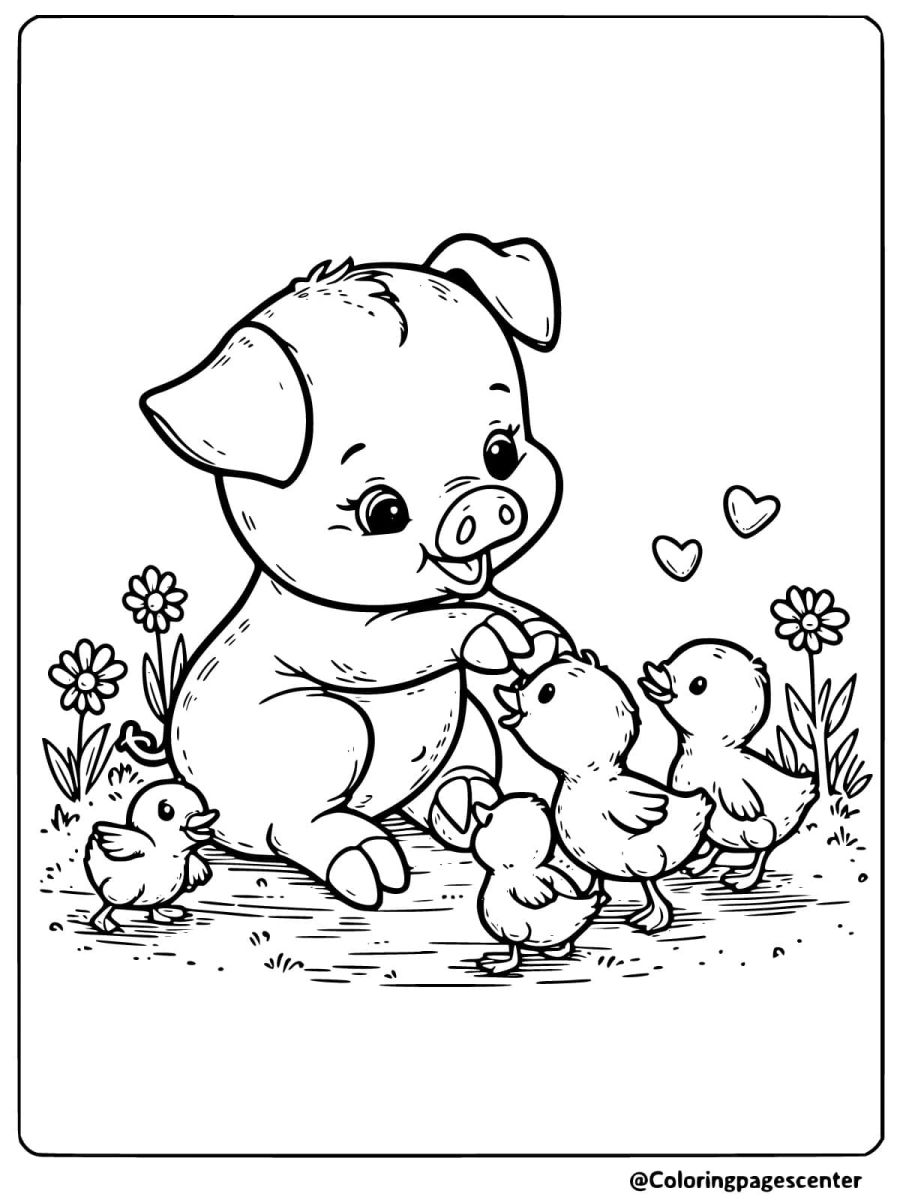 A pig playing with baby chicks coloring page