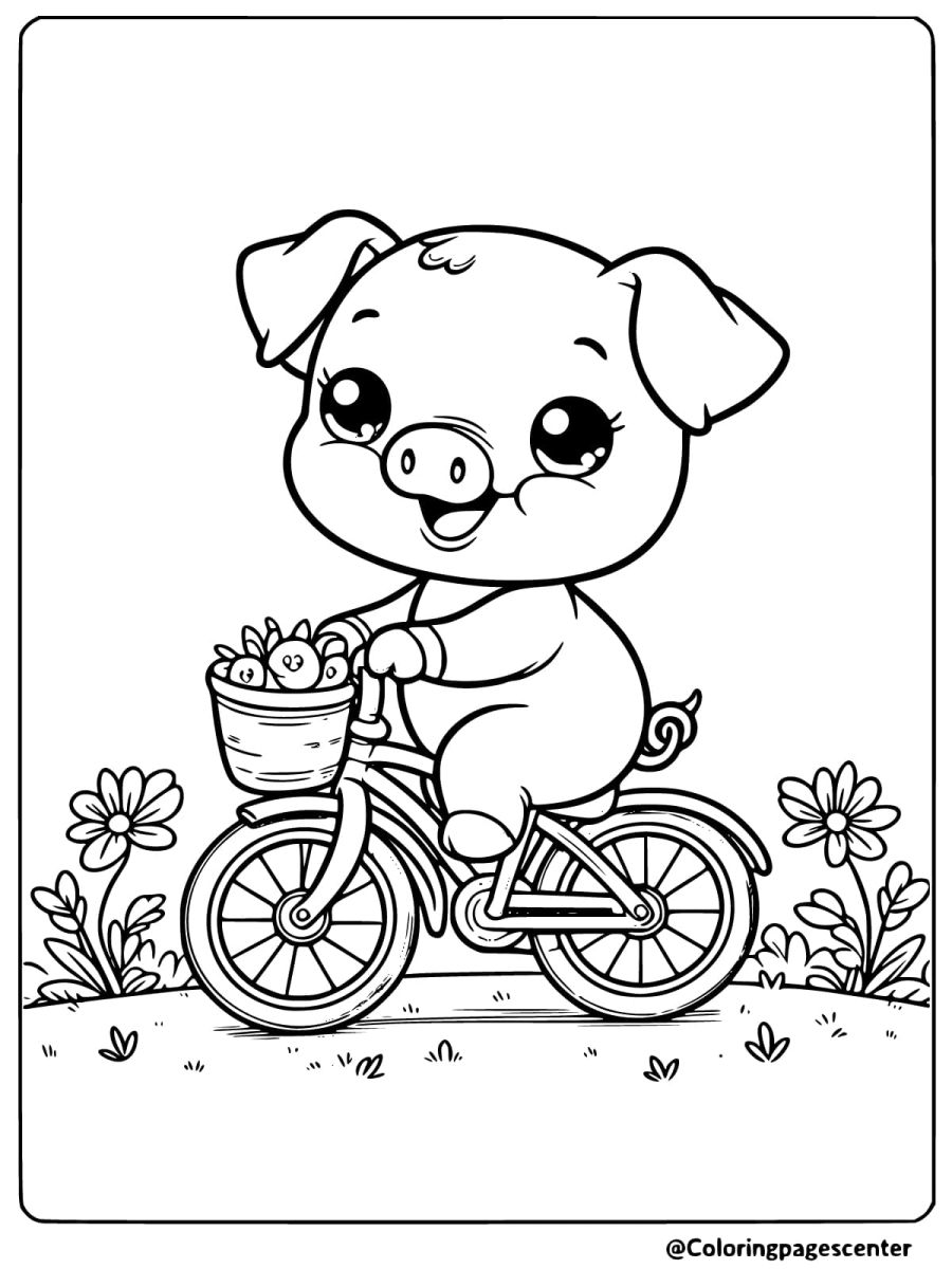 A pig riding a bicycle with a basket of apples coloring page