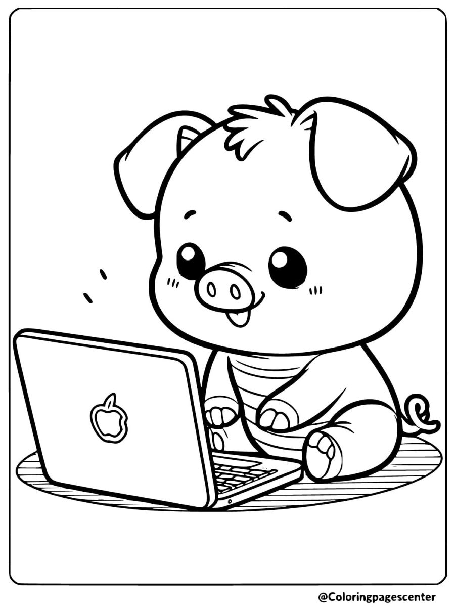 A pig using a laptop and smiling coloring page