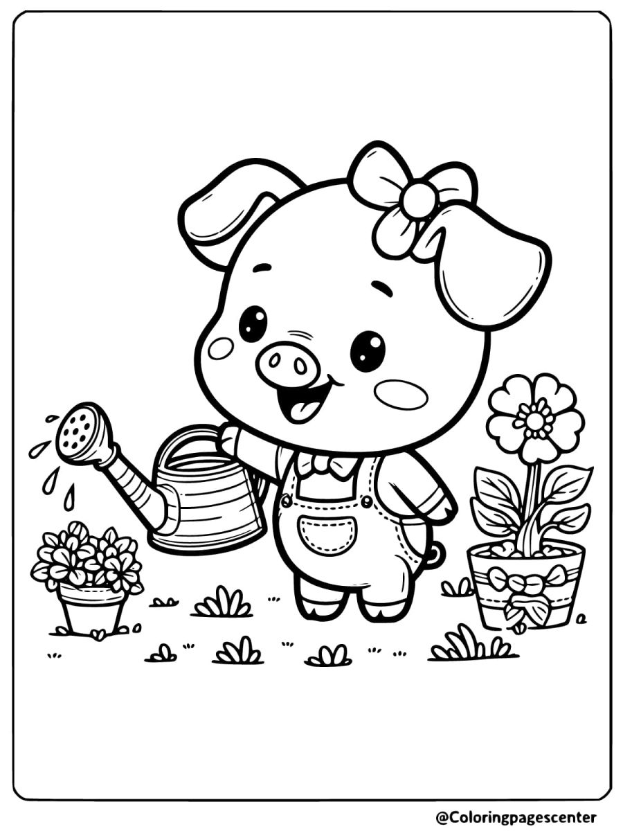 A pig watering flowers with a watering can coloring page