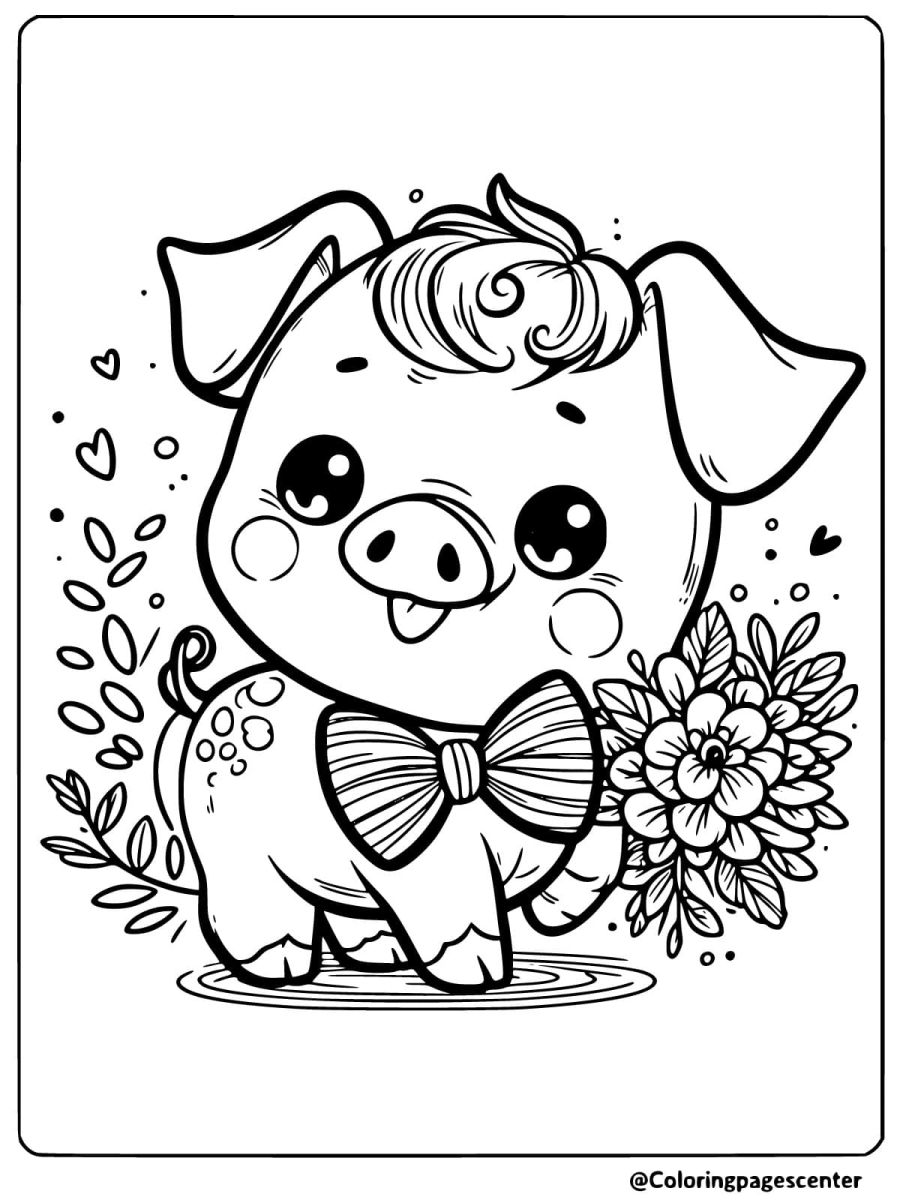 A pig with a bow tie holding flowers coloring page